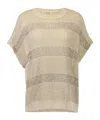 Brunello Cucinelli Openwork Knit Crewneck Top With Micro Sequins In Neutral