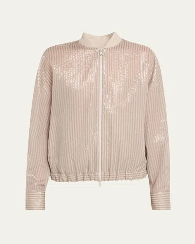 Brunello Cucinelli Stripe Sequined Organza Bomber Jacket In Pink