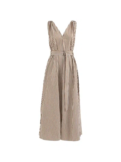 Brunello Cucinelli Striped Belted Midi Dress In Brown