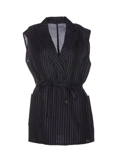 Brunello Cucinelli Striped Belted Sleeveless Jacket In Multi