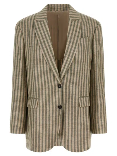 Brunello Cucinelli Green Stripes Notched Lapel Blazer In Brown