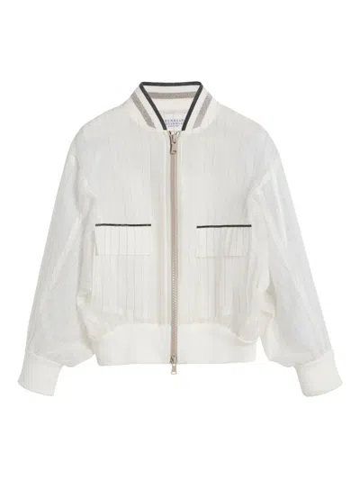 Brunello Cucinelli Kids' Striped Bomber Jacket In White