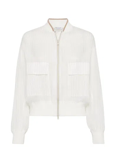 Brunello Cucinelli Striped Bomber Jacket In White