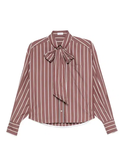Brunello Cucinelli Striped Shirt With Bow In Brown