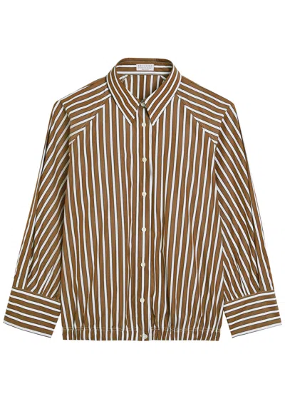 Brunello Cucinelli Striped Boxy Cotton-poplin Shirt In Brown