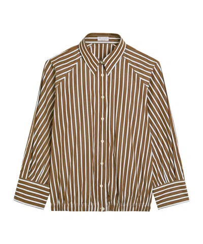 Brunello Cucinelli Striped Boxy Cotton-poplin Shirt In Brown