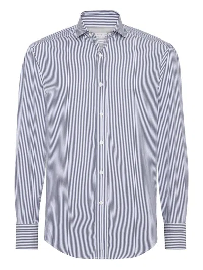 Brunello Cucinelli Striped Cotton Shirt With Button-down Collar In Blue