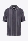Brunello Cucinelli Textured Stripe Seersucker Easy Fit Short Sleeve Shirt With Camp Collar
