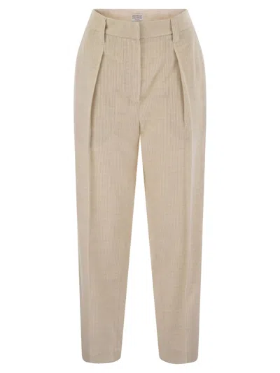 Brunello Cucinelli Striped Canvas Trousers In Viscose And Comfort Cotton With Necklace In White