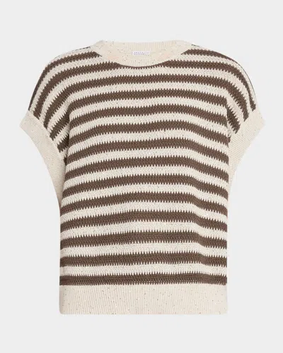 Brunello Cucinelli Striped Cap-sleeve Paillette Knit Sweater