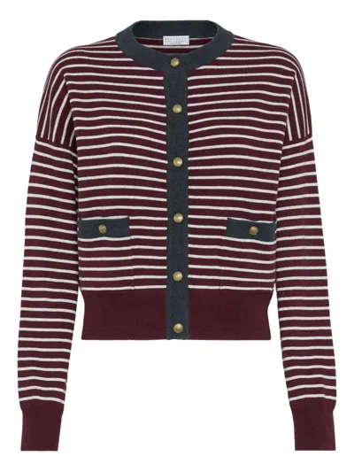 Brunello Cucinelli Striped Cardigan In Burgundy