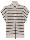 Brunello Cucinelli Beige Cardigan With High Neck And All-over Striped Motif In Beige