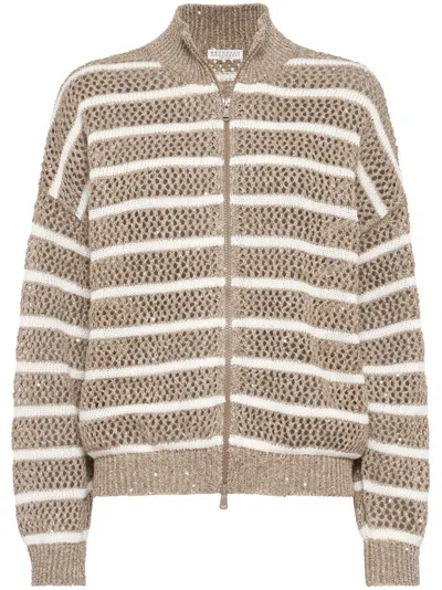 Brunello Cucinelli Striped Cardigan In Brown