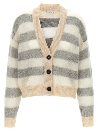 Brunello Cucinelli Striped Cardigan In Grey