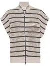 Brunello Cucinelli Beige Cardigan With High Neck And All-over Striped Motif In Neutrals
