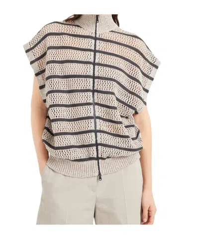 Brunello Cucinelli Striped Cardigan In Nude