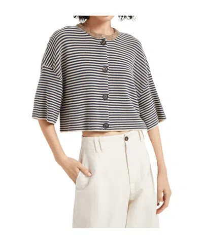 Brunello Cucinelli Dazzling Striped Short Sleeve Cropped Cardigan In Multi