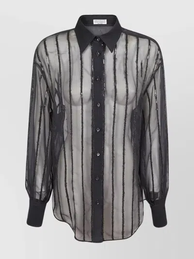 Brunello Cucinelli Striped Collared Long Sleeve Top In Grey