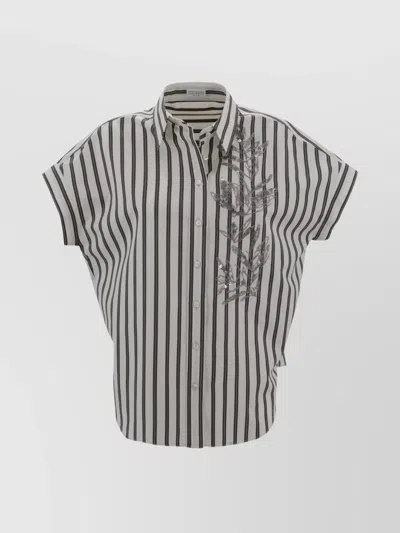Brunello Cucinelli Striped Collared Top Embellished Detail