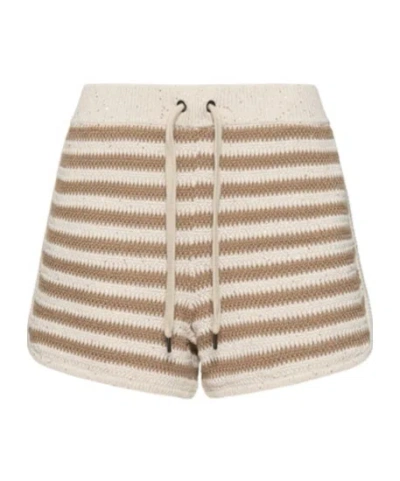 Brunello Cucinelli Striped Cotton Blend Shorts In Brown