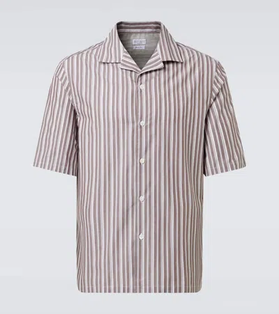 Brunello Cucinelli Striped Cotton Bowling Shirt In Brown
