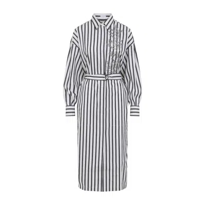 Brunello Cucinelli Striped Cotton Dress With Belted Waist And High Collar In White