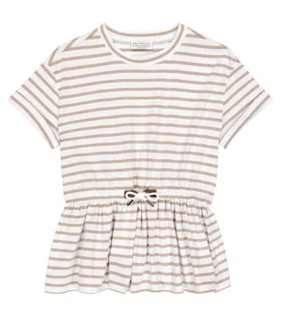 Brunello Cucinelli Kids' Striped Cotton Jersey T-shirt In Bianco/cammello