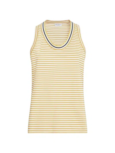 Brunello Cucinelli Striped Cotton Jersey Top With Precious Neckline In Yellow