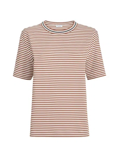 Brunello Cucinelli Striped Cotton Jersey T-shirt With Precious Neckline. In Multi