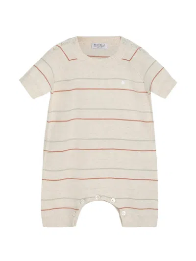 Brunello Cucinelli Striped Cotton Lightweight Knit Baby Bernie Sleepsuit In Neutral