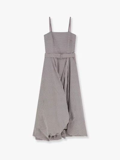 Brunello Cucinelli Striped Cotton Long Dress With Wide Panel In Brown