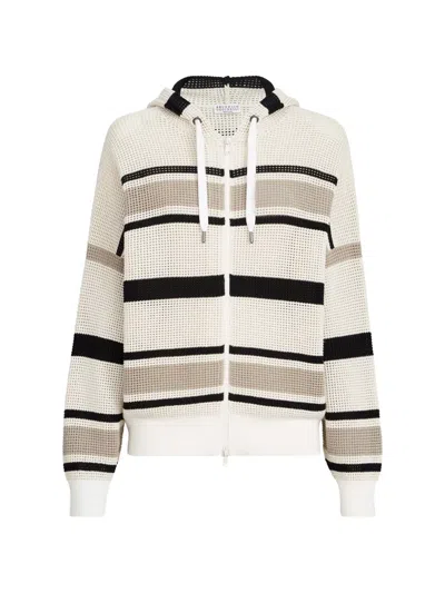 Brunello Cucinelli Striped Cotton Net Hooded Cardigan With Zipper In White