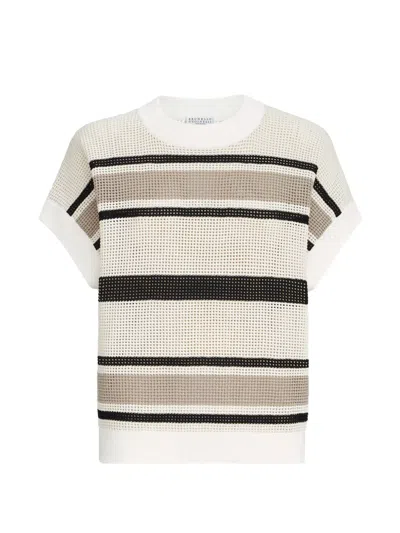 Brunello Cucinelli Striped Cotton Net Knit T-shirt In Multi