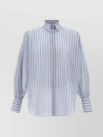 Brunello Cucinelli Striped Cotton Oversized Shirt With Curved Hem In Blue