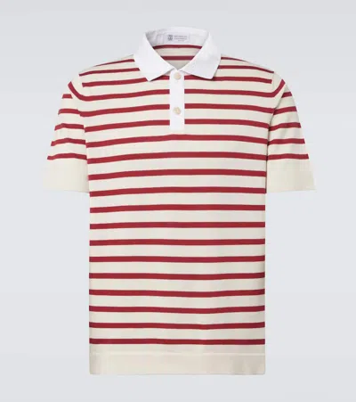 Brunello Cucinelli Striped Cotton Polo Shirt In Red