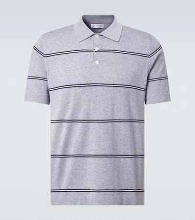Brunello Cucinelli Striped Cotton Polo Shirt In Gray
