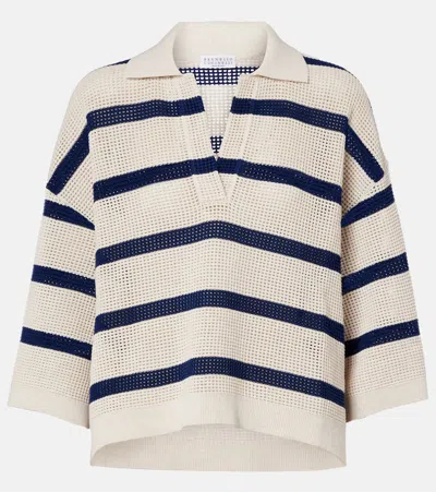 Brunello Cucinelli Striped Cotton Polo Sweater In Multi