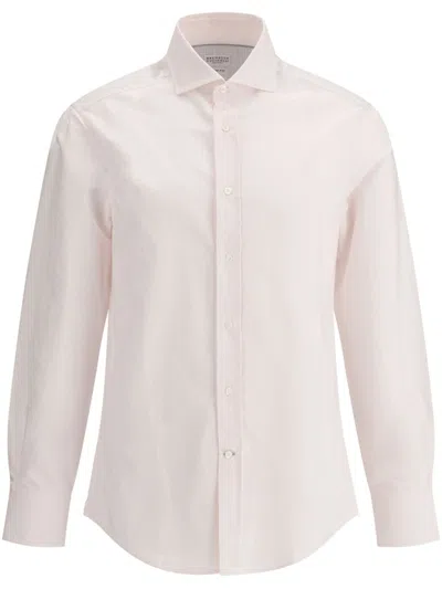 Brunello Cucinelli Striped Cotton Shirt In 粉色