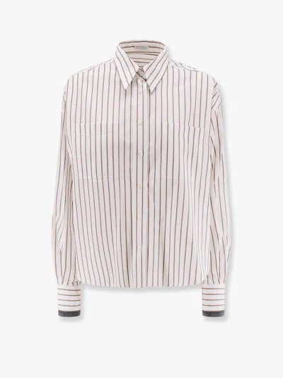 Brunello Cucinelli Striped Cotton Shirt With Monili Detail In Beige