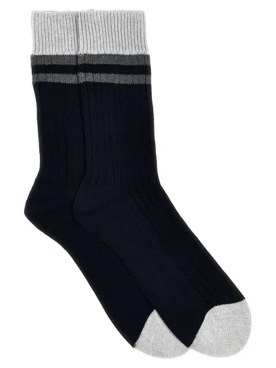 Brunello Cucinelli Striped Cotton Socks In Blue