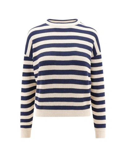 Brunello Cucinelli Striped Cotton Sweater In Neutrals
