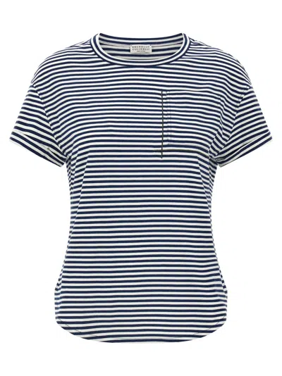 Brunello Cucinelli Striped Cotton T-shirt With Jewel Pocket Detail In Multi