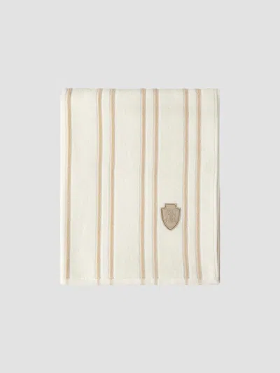 Brunello Cucinelli Striped Cotton Terrycloth Towel With Logo In Ivory