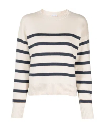 Brunello Cucinelli Striped Crew-neck Cashmere Jumper In White