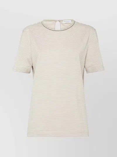 BRUNELLO CUCINELLI STRIPED CREW NECK T-SHIRT WITH KEYHOLE DETAIL