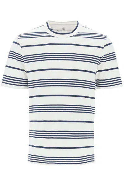 Brunello Cucinelli Striped Crewneck T-shirt In White,blue