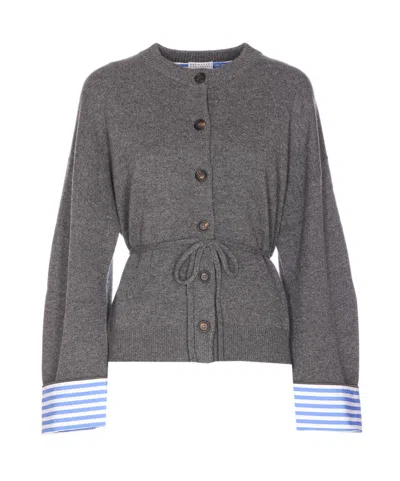 Brunello Cucinelli Striped Cuff Knitted Cardigan In Gray