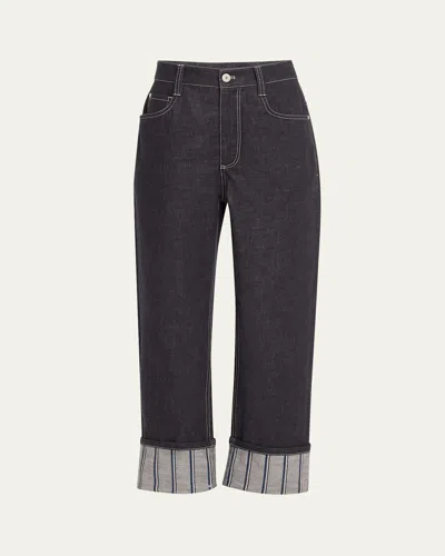 Brunello Cucinelli Striped Cuff Straight-leg Ankle Jeans In Blue Denim