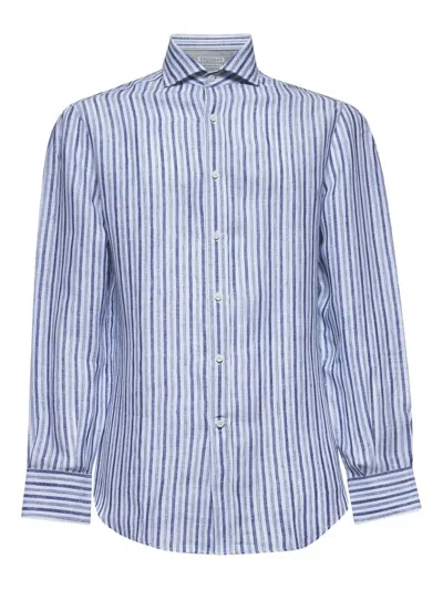 Brunello Cucinelli Striped Cutaway-collar Shirt In Blue