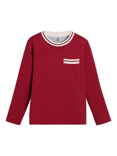Brunello Cucinelli Kids' Striped-detail Pocket T-shirt In Red
